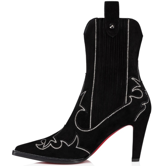 Christian Louboutin Santigag Strass 85 Black Suede Western Ankle Heel Boot 40 - Picture 12 of 16